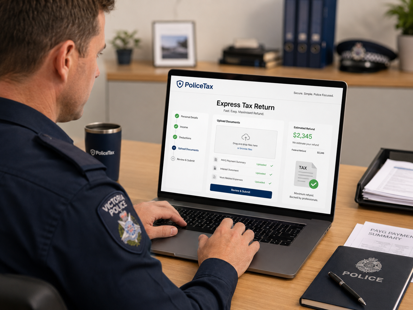 Police officer completing a PoliceTax Express Tax Return online on a laptop